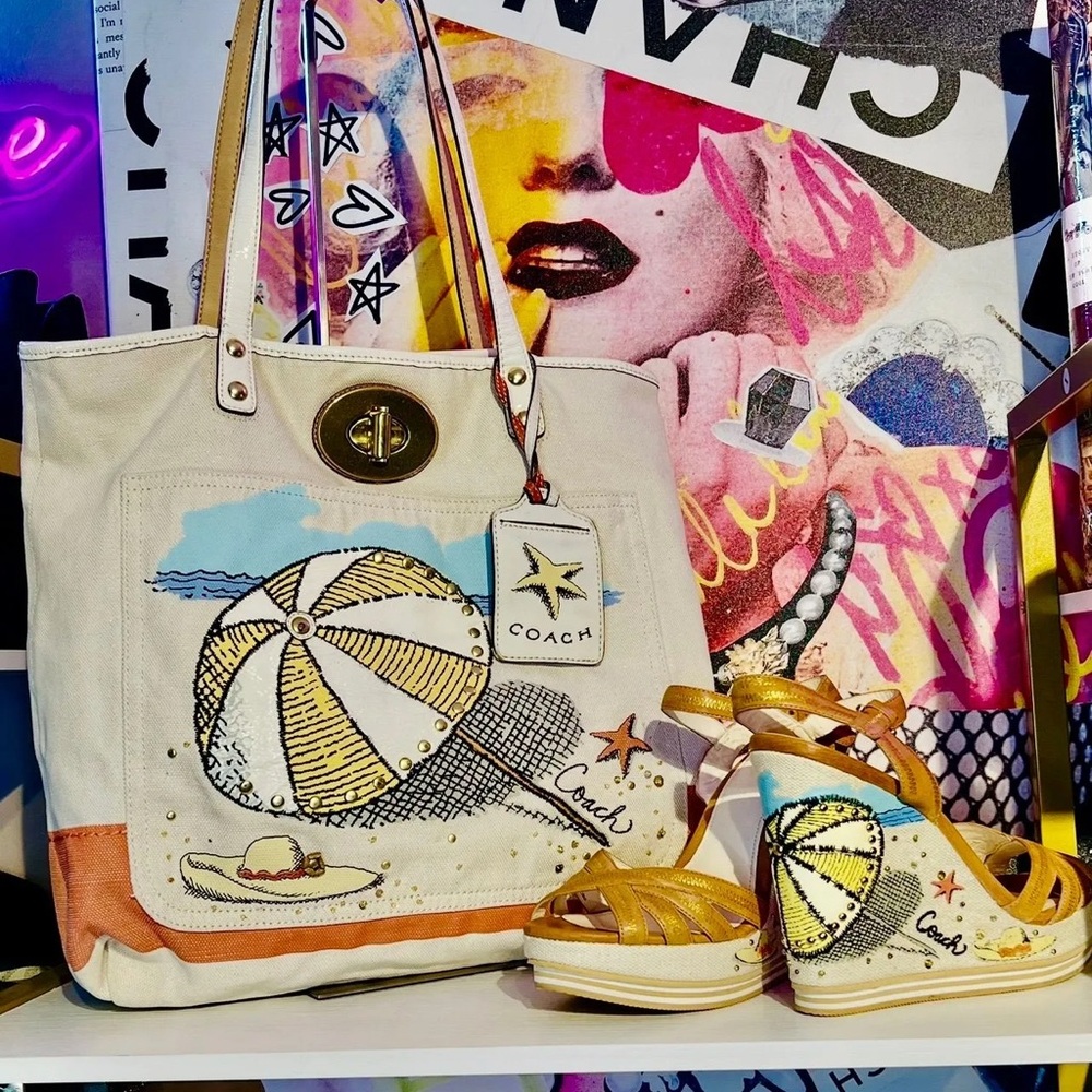 Bundle Coach Beach Theme Tote Bag - Cream and Yellow with Matching 7.5 Sandles